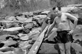 Sihanouk showing off a US bomb fragment in the liberated zon